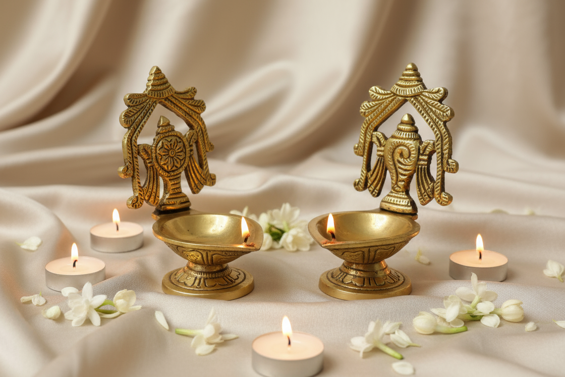 Brass diya on silk background with white jasmine flowers
