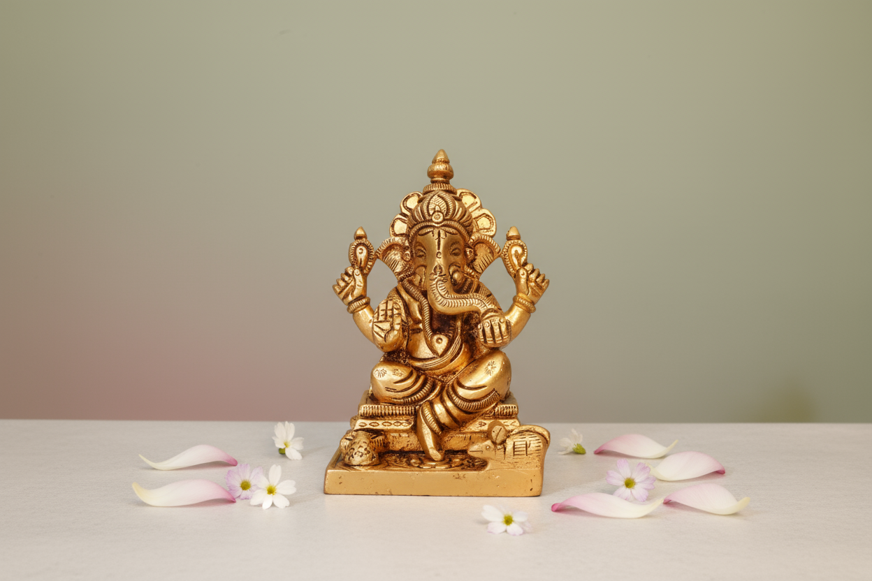 Brass Ganesh on sage or dusty rose background with lotus petals