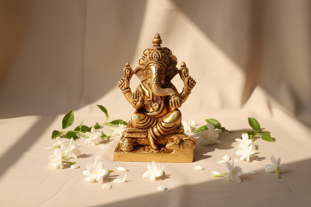 Brass Ganesh on silk background with white jasmine flowers