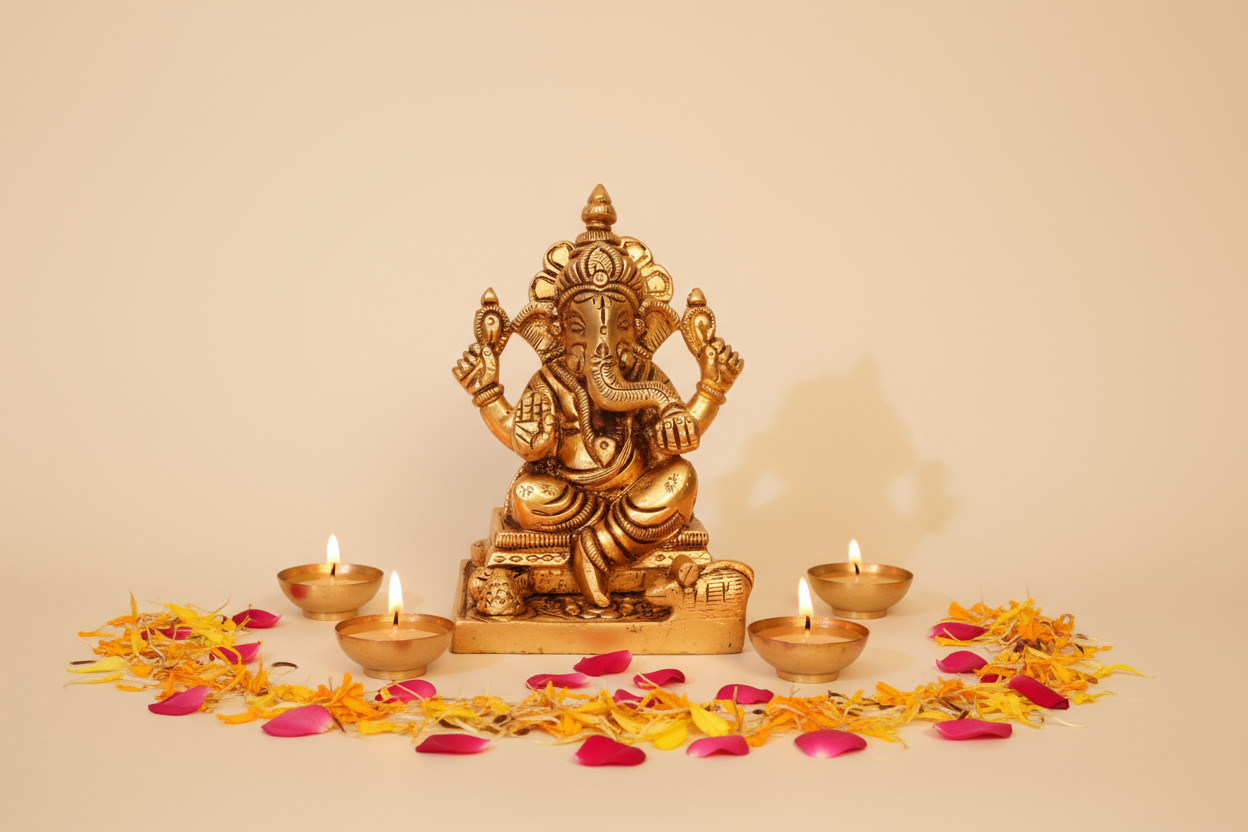 Brass Ganesh with tea lights and marigold petals on warm background