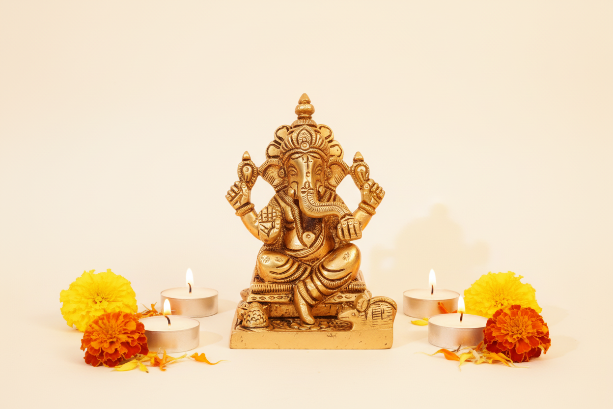 Brass Ganesh with tea lights on white background with marigold flowers