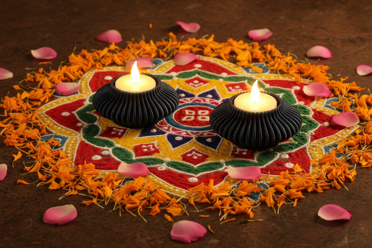 Diya scaled smaller with marigold petals and rangoli