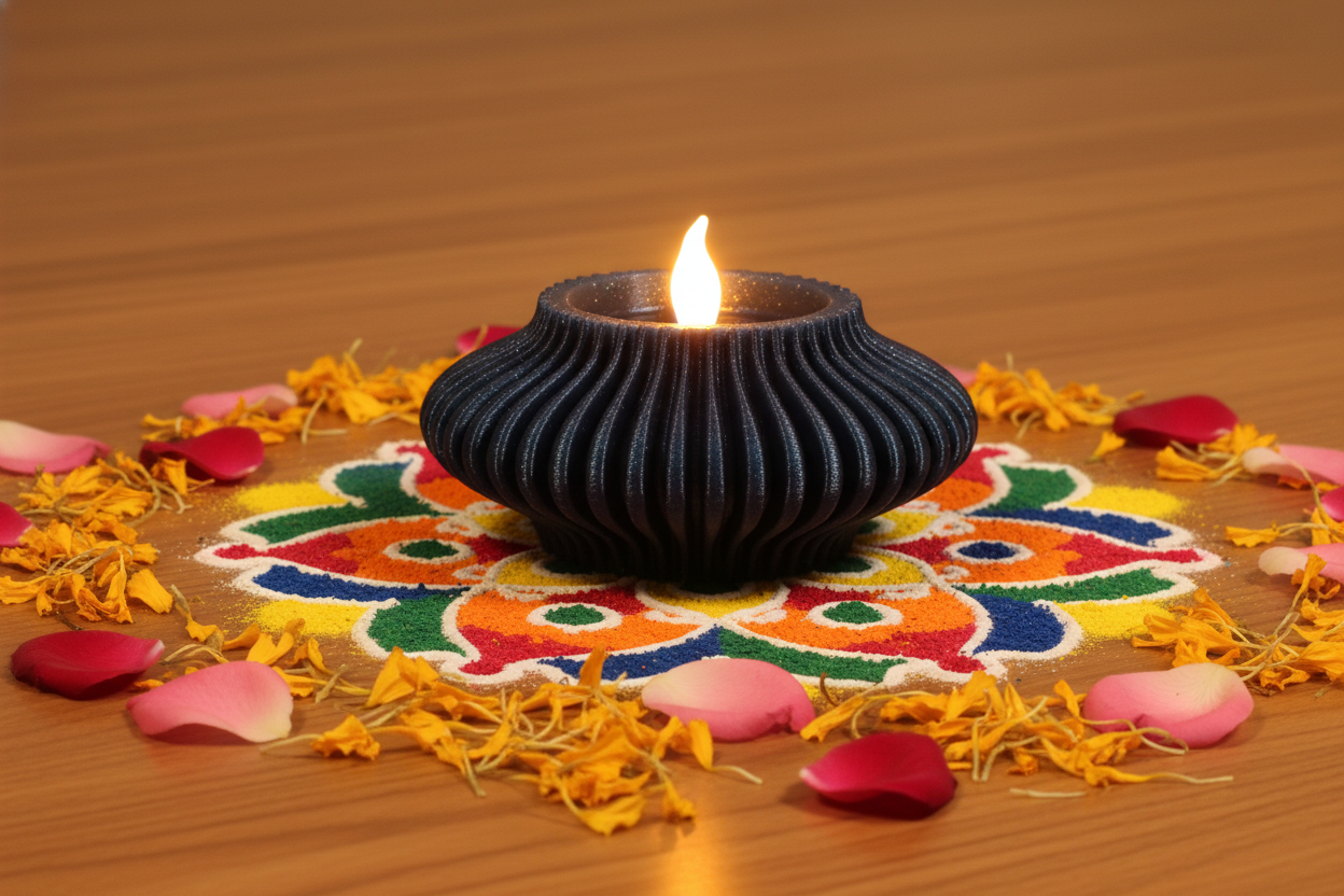 Diya with marigold petals and rangoli