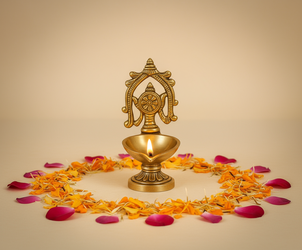 Elegant brass diya with marigold petals on warm background