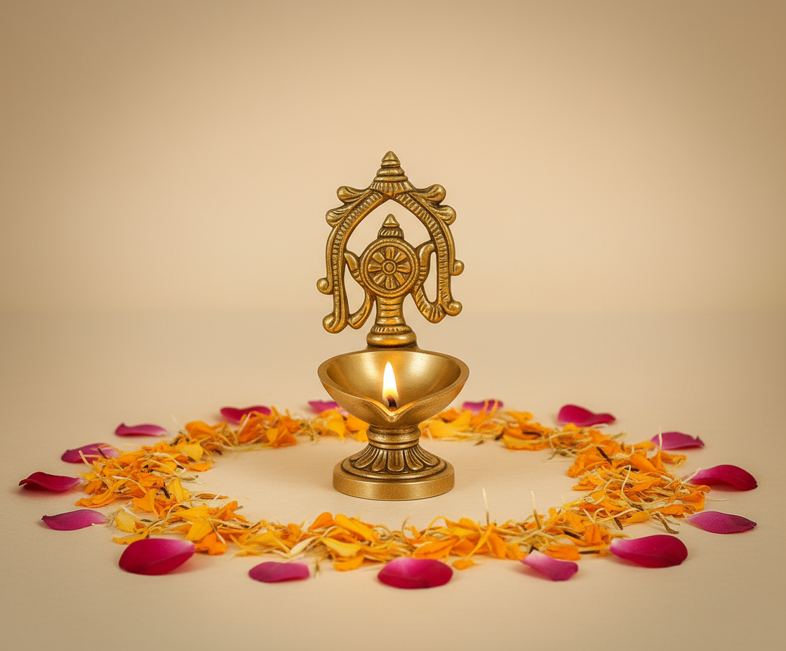 Elegant brass diya with marigold petals on warm background