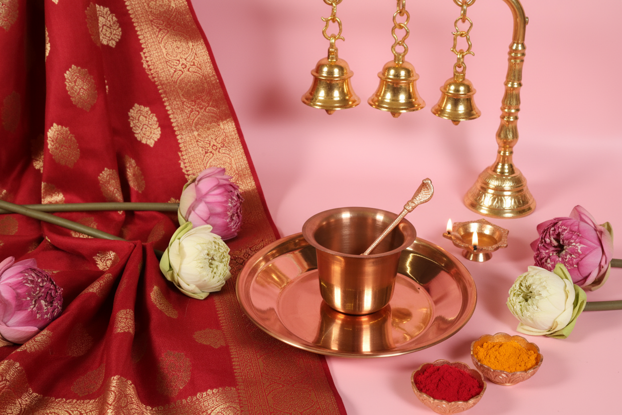 Festive pooja with red silk
