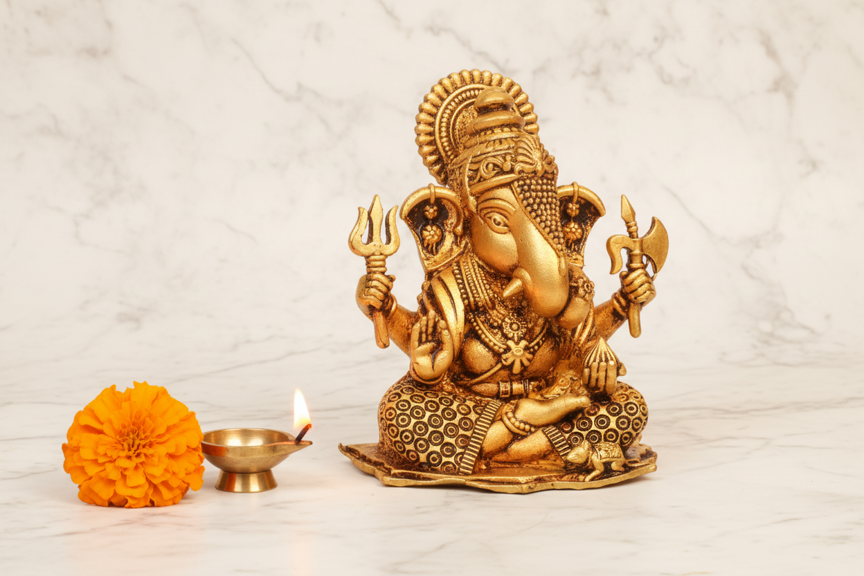 Ganesh Idol on white marble with minimal flowers