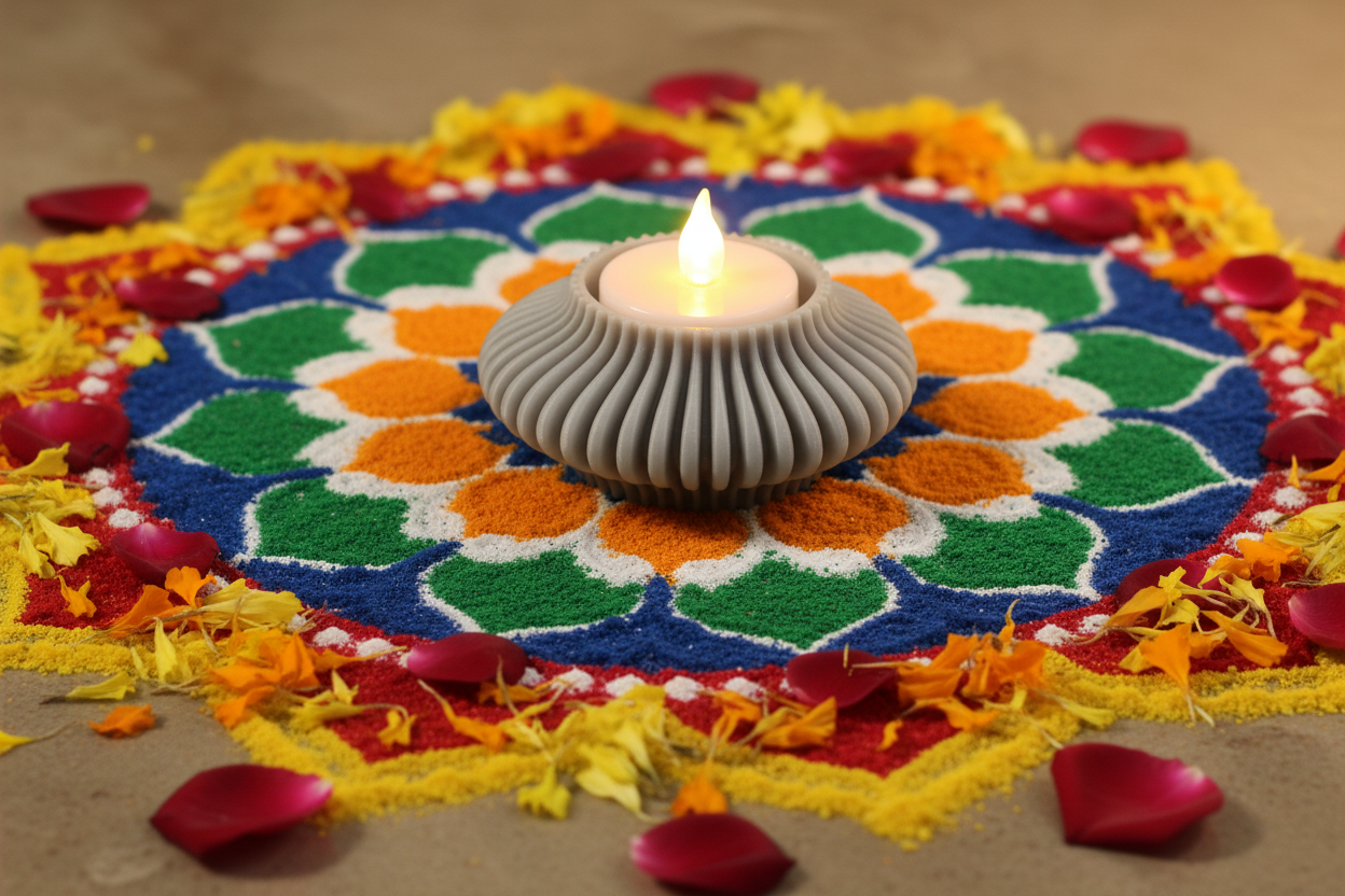 Grey diya with marigold petals