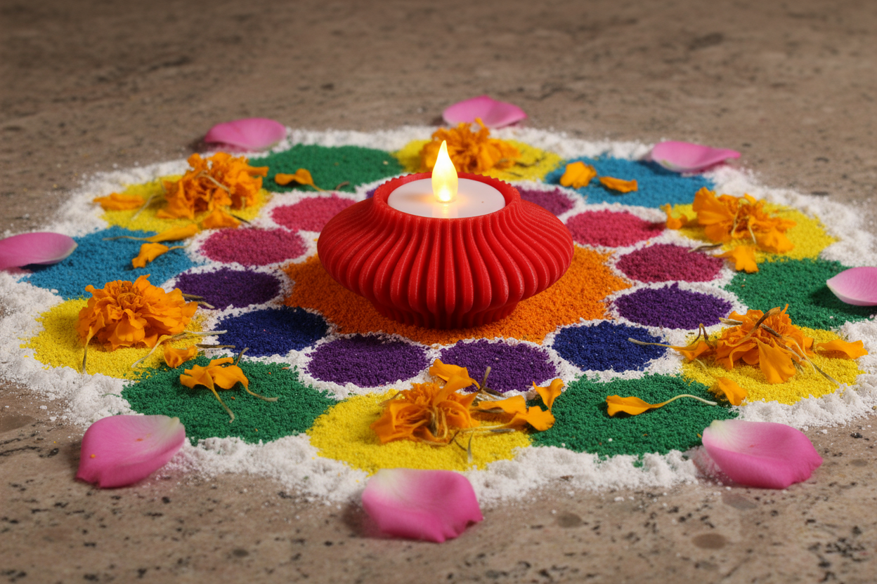 Red diya with marigold petals