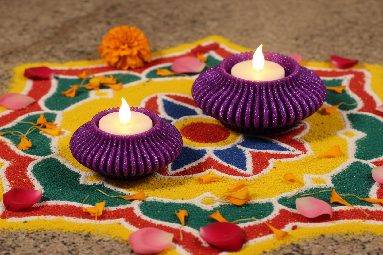 Sparkling purple diya with marigold petals