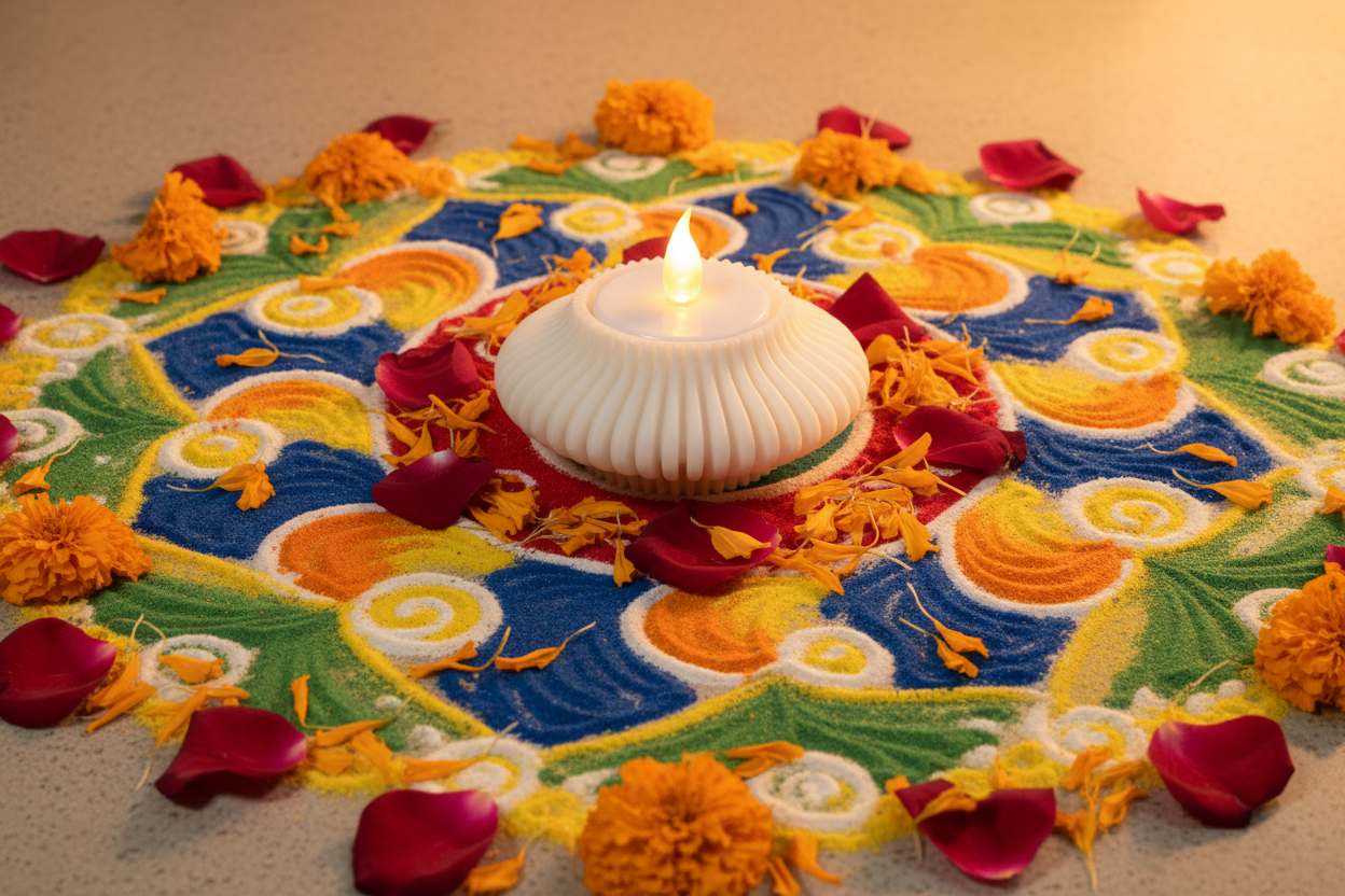 White diya with marigold petals